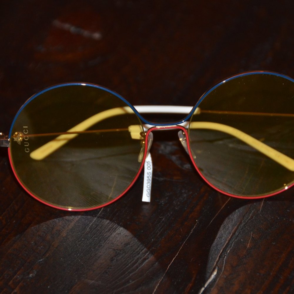RARE GUCCI YELLOW ROUND GOLD DOUBLE G RED BLUE ITALY OVERSIZED SUNGLASSES GG395S - Picture 2 of 14